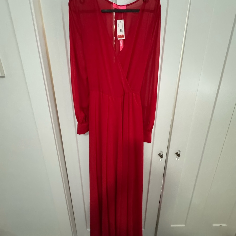 Xtaren Red Plunge Bishop Sleeve Gown